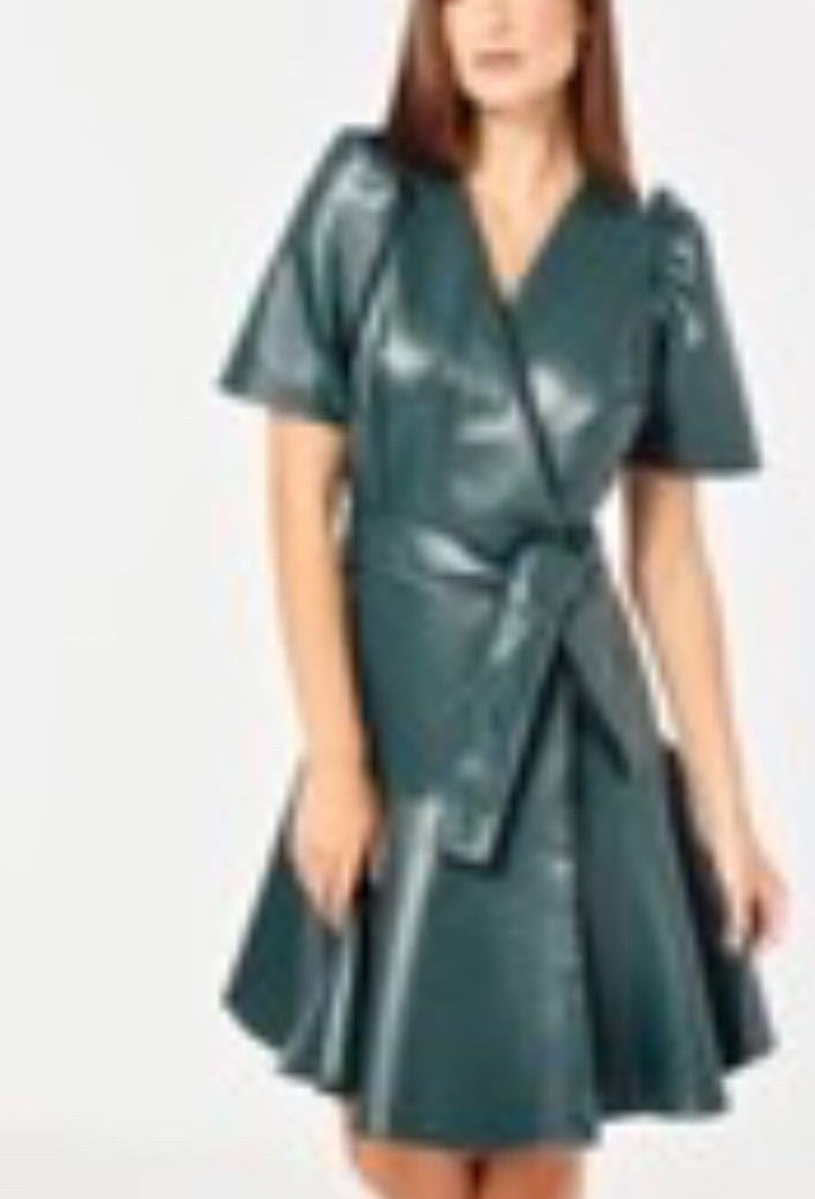 Cartolina Nantucket -The Grace-Puff Sleeve Vegan Leather Dress-Dark Green- S